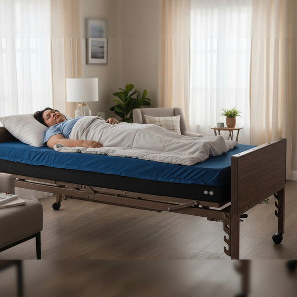 Woman sleeping comfortably on the 54" wide Protekt Supreme Support bariatric mattress system, designed for advanced pressure redistribution and hospital bed support