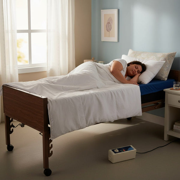 Woman sleeping comfortably on the 54" wide Protekt Supreme Support bariatric mattress system, paired with the optional Protekt Aire 2000/3000 pump, designed for advanced pressure redistribution and hospital bed support