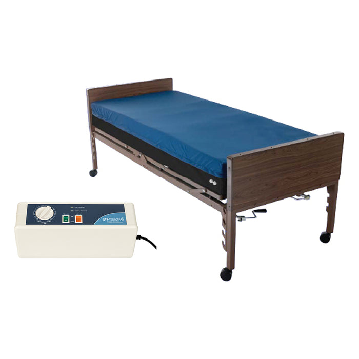 Hospital bed setup with the Protekt Supreme Support mattress system and Protekt Aire 2000/3000 pump positioned beside the bed