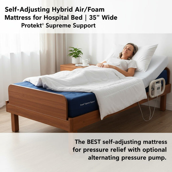 Woman lying comfortably on the Protekt Supreme Support mattress system with the Protekt Aire 2000/3000 pump attached to the bed, promoting self-adjusting air/foam pressure relief
