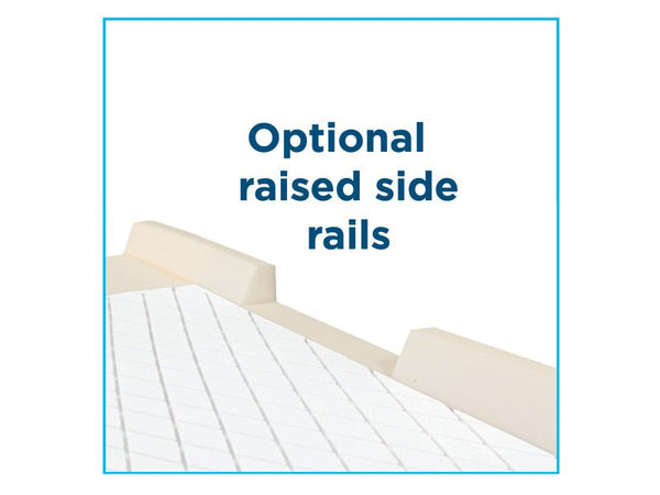 Close-up of foam mattress with optional raised side rails for added patient safety. The overlay text "Optional raised side rails" is displayed in the center