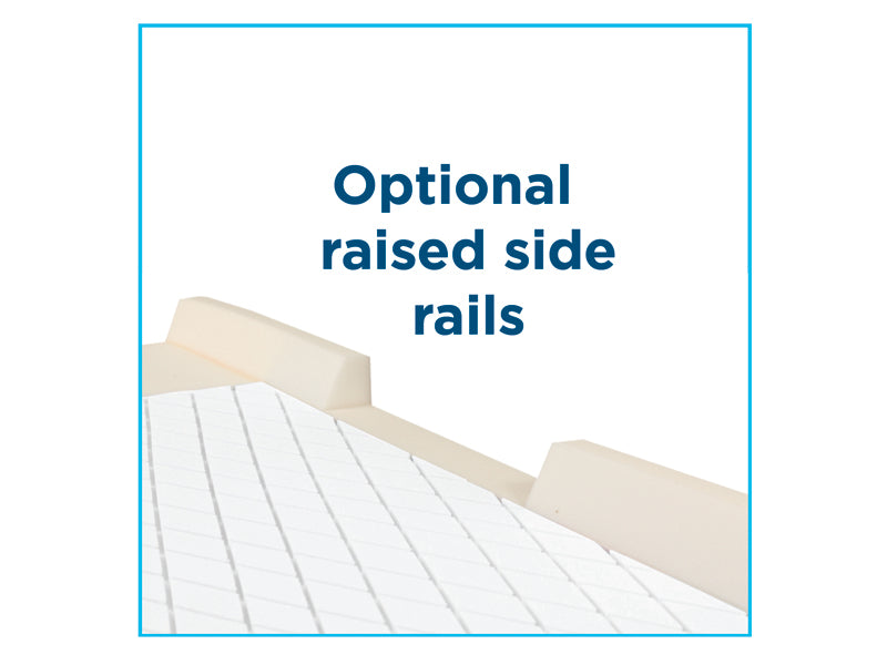 Close-up of foam mattress with optional raised side rails for added patient safety. The overlay text "Optional raised side rails" is displayed in the center