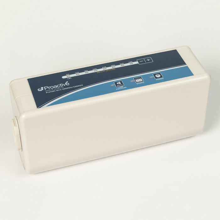 Protekt Aire 4000DX/5000DX system control unit angled view, displaying the white control box with blue panel showing weight setting scale, control buttons for mute/low pressure, static, and power functions