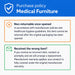Purchase Policy – Medical Furniture. Blue header with shield icon, followed by an orange notice stating that opened items are non-returnable due to manufacturer policies and healthcare hygiene guidelines. A green notice explains that incorrect items can be replaced and remain covered under the original manufacturer’s warranty.