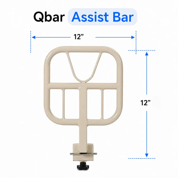 An assist bar for a bed, shown with dimension annotations indicating a width and height of 12 inches. The product is beige with a metal mounting base at the bottom.