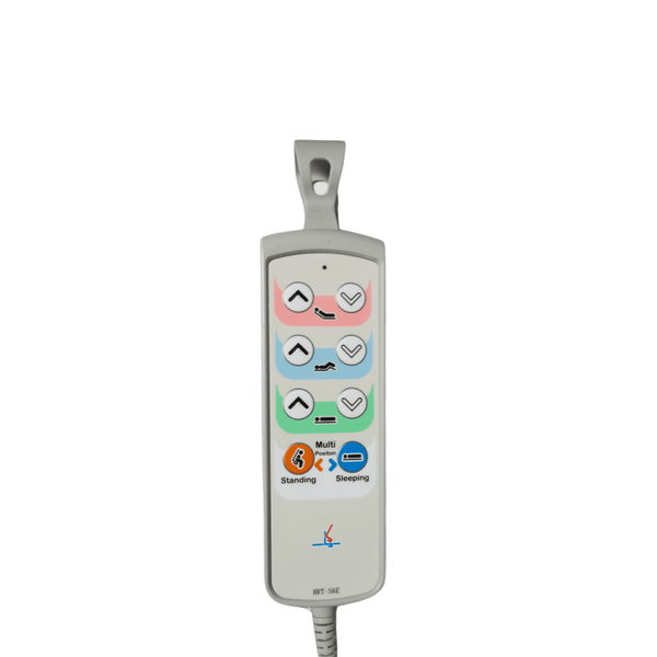 The ReNuCare Standing Bed remote is white with eight buttons labeled for head, leg, and overall bed height adjustments, plus modes for standing, sleeping, and other functions on this 4-position adjustable hospital bed.