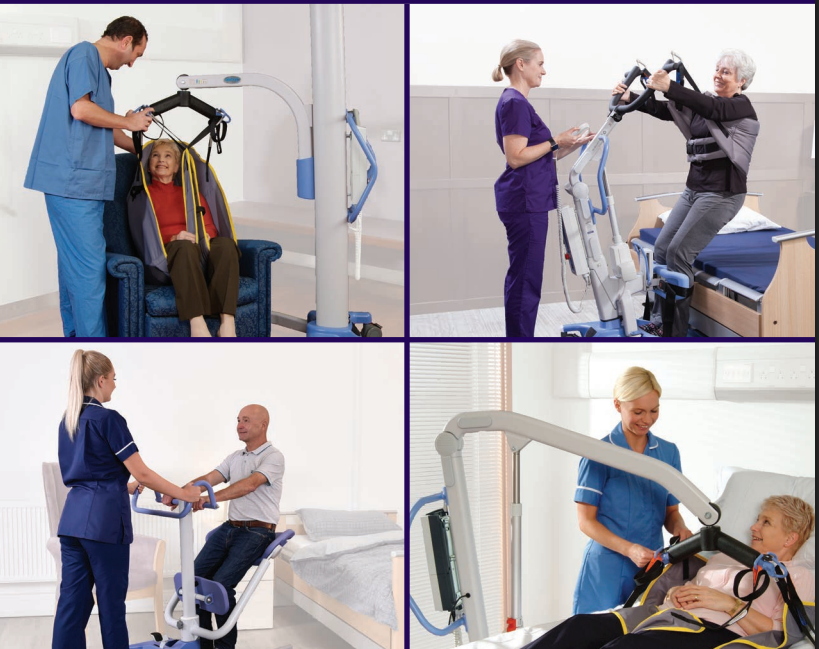 Four healthcare workers assist patients using the Joerns Hoyer Advance Electric Patient Lift, a compact folding floor lift. Each image shows a caregiver helping a patient safely transfer in a medical or care facility setting.