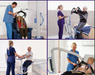 Four healthcare workers assist patients using the Joerns Hoyer Advance Electric Patient Lift, a compact folding floor lift. Each image shows a caregiver helping a patient safely transfer in a medical or care facility setting.