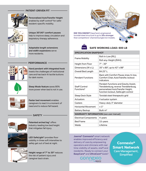 An informational flyer detailing the features and benefits of the EasyCare® Frame Adjustable Hi Low Electric Homecare Bed, including adjustable height, AdvanceCare positioning, sleep mode, integrated hand panels, 600 lb capacity, images, and company contact info.