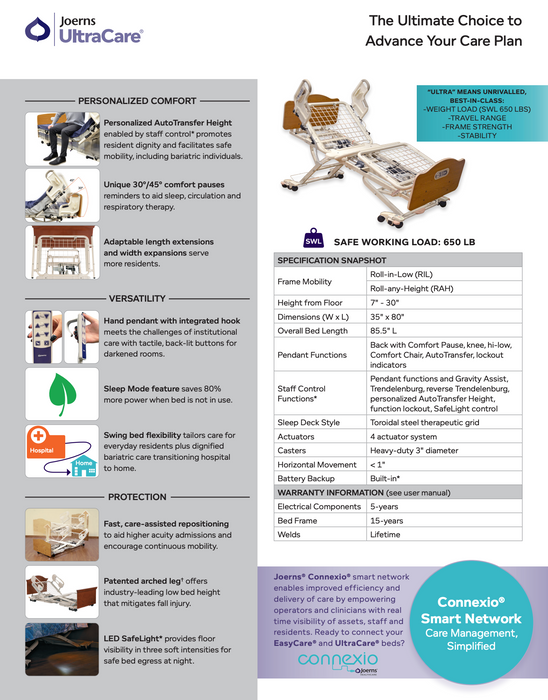 Promotional flyer for UltraCare XT Hospital Bed | Joerns, emphasizing personalized comfort, bariatric versatility, and safety. Features images of bed functions, spec table, Connexio network info, AdvanceCare positioning; bed shown upright.