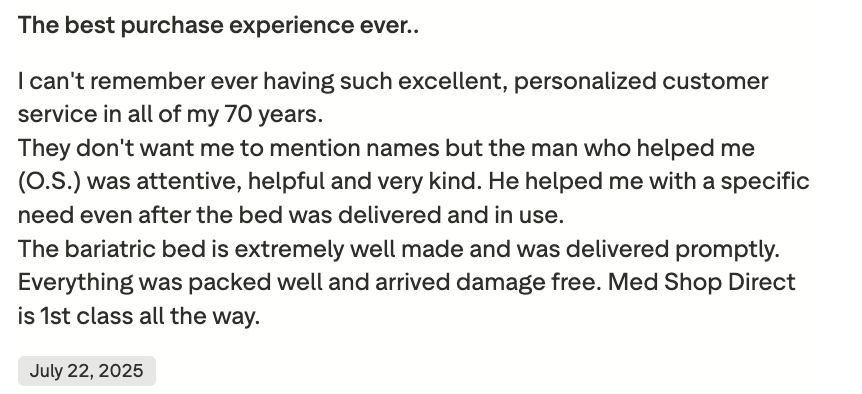 A customer review on July 22, 2025, praised Med Shop Direct for attentive service and fast delivery of the Starsleep Orin Rotating Bed with Mattress & Massage—an adjustable bed for seniors—arriving well-made and damage-free.
