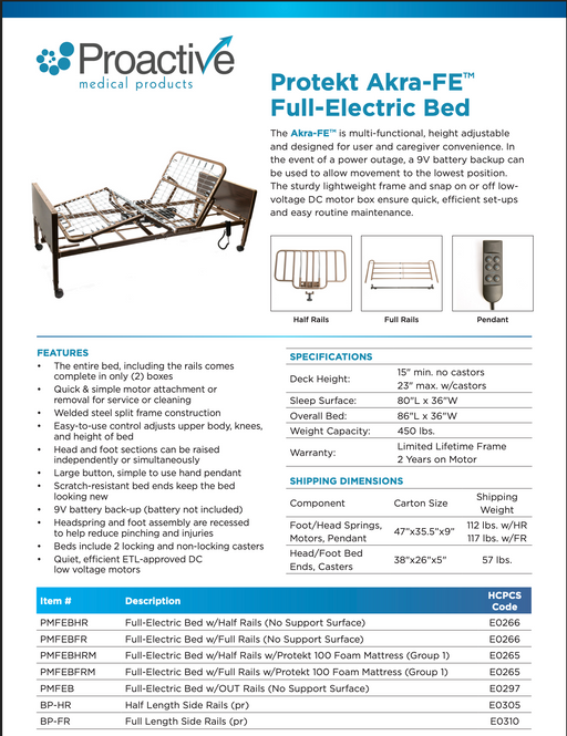 An informational flyer for the Fully Electric Hospice Hospital Bed - Hospice Palliative Care Bed for Hospice Patient by Proactive Medical, with product details, key specifications, shipping info, images of the adjustable bed, and an order table with item codes.