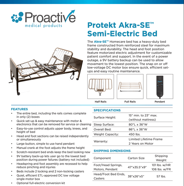 Promotional image for the Proactive Medical Semi Electric Hospice Bed, displaying the bed with raised head and foot sections, key features, specifications, and shipping information on a blue and white background.
