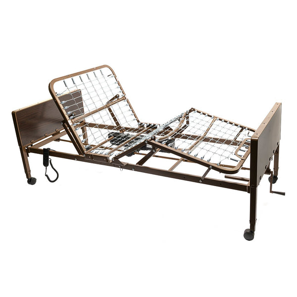 The Semi Electric Hospice Bed by Proactive Medical is a brown hospital bed frame with metal springs, adjustable head and knee sections, and a side hand control, shown without a mattress.