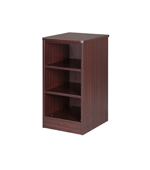 Nightstand for behavioral health furniture with 2 shelves in Mahogany finish, angled view against a plain white background