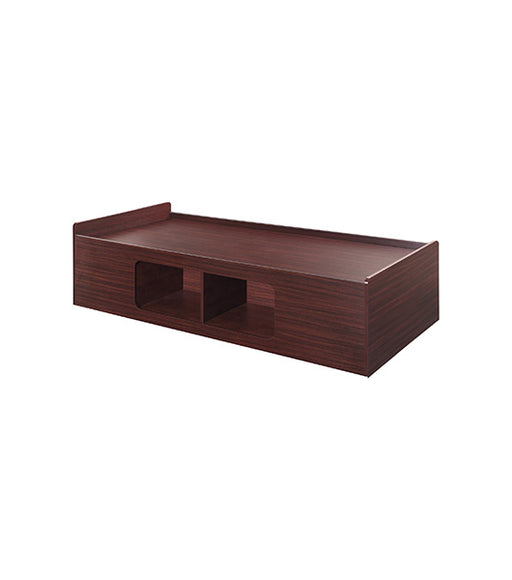 Recessed platform bed in Mahogany finish, with two rectangular storage component on the side