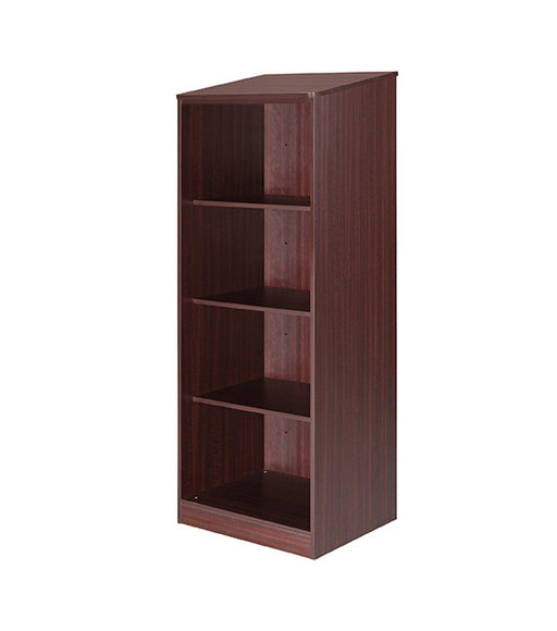 Wardrobe for behavioral health furniture with 3 shelves in Mahogany finish, angled view against a plain white background