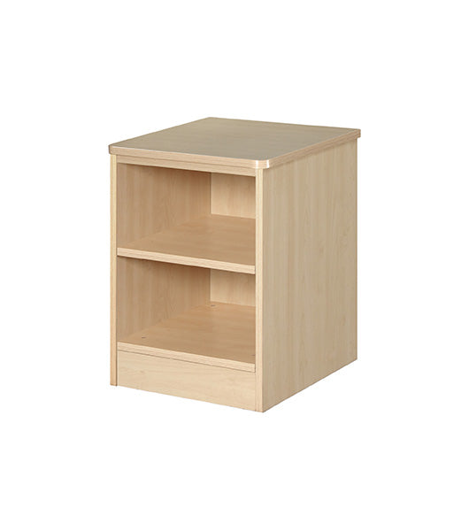 Nightstand for behavioral health furniture with 1 shelf in Maple finish, angled view against a plain white background