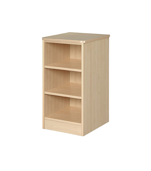 Nightstand for behavioral health furniture with 2 shelves in Maple finish, angled view against a plain white background