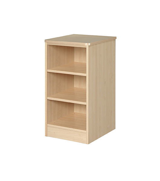 Nightstand for behavioral health furniture with 2 shelves in Maple finish, angled view against a plain white background