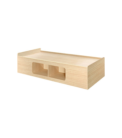 Recessed platform bed in Maple finish, with two rectangular storage component on the side