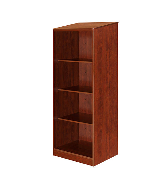 Wardrobe for behavioral health furniture with 3 shelves in Cherry finish, angled view against a plain white background