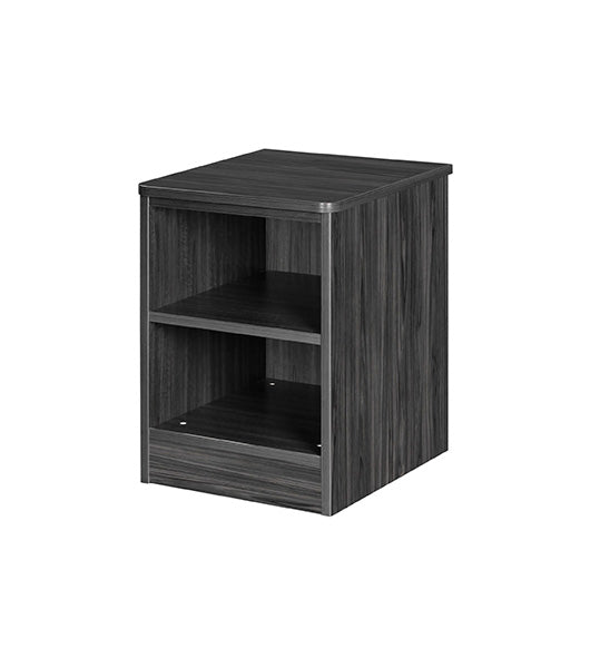 Nightstand for behavioral health furniture with 1 shelf in Coastal Grey finish, angled view against a plain white background