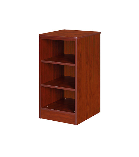 Nightstand for behavioral health furniture with 2 shelves in Cherry finish, angled view against a plain white background