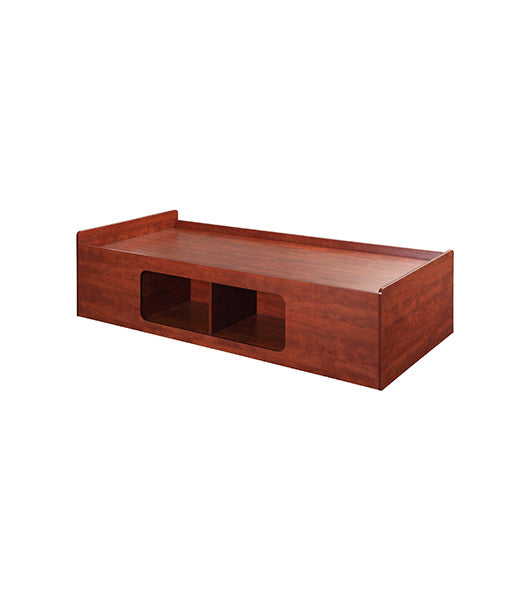 Recessed platform bed in Cherry finish, with two rectangular storage component on the side