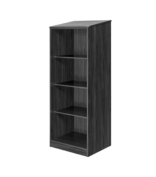 Wardrobe for behavioral health furniture with 3 shelves in Coastal Grey finish, angled view against a plain white background