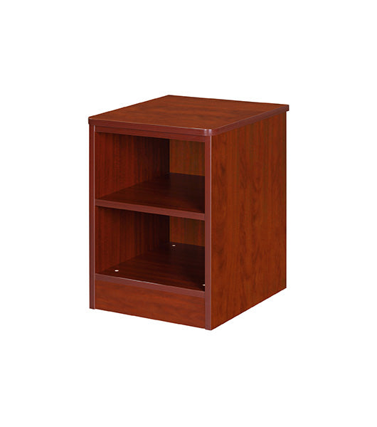 Nightstand for behavioral health furniture with 1 shelf in Cherry finish, angled view against a plain white background