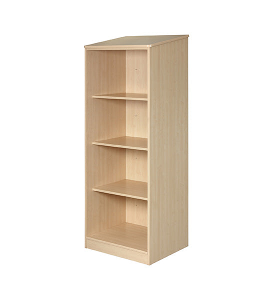 Wardrobe for behavioral health furniture with 3 shelves in Maple finish, angled view against a plain white background