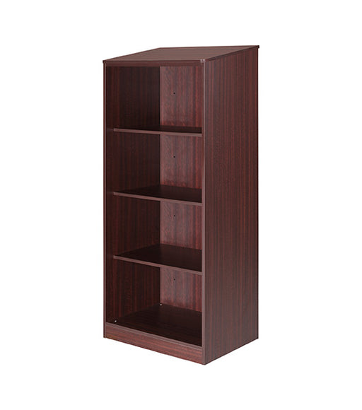 Wardrobe for behavioral health furniture with 3 shelves in Mahogany finish, angled view against a plain white background