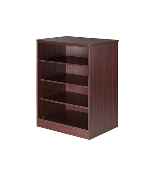 Storage cabinet for behavioral health furniture with 3 shelves in Mahogany finish, angled view against a plain white background