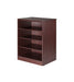 Storage cabinet for behavioral health furniture with 3 shelves in Mahogany finish, angled view against a plain white background