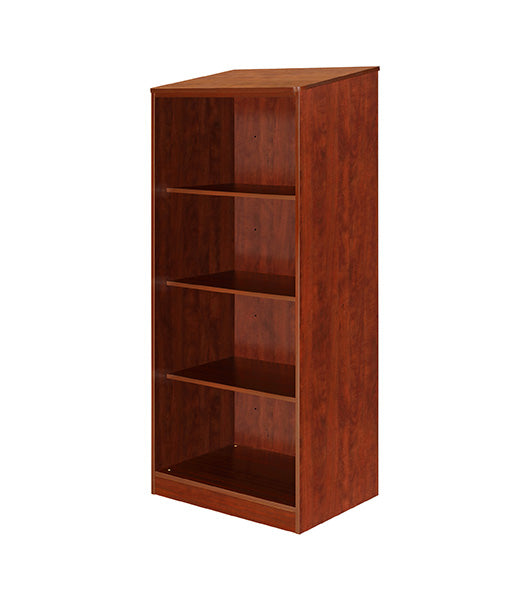 Wardrobe for behavioral health furniture with 3 shelves in Cherry finish, angled view against a plain white background
