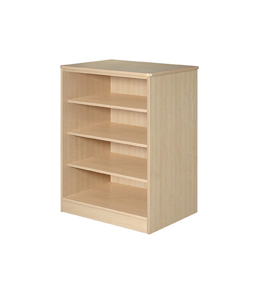 Storage cabinet for behavioral health furniture with 3 shelves in Maple finish, angled view against a plain white background
