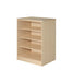 Storage cabinet for behavioral health furniture with 3 shelves in Maple finish, angled view against a plain white background