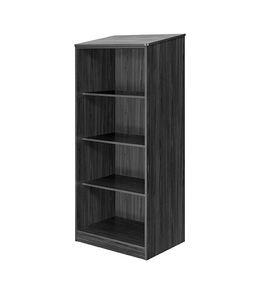 Wardrobe for behavioral health furniture with 3 shelves in Coastal Grey finish, angled view against a plain white background