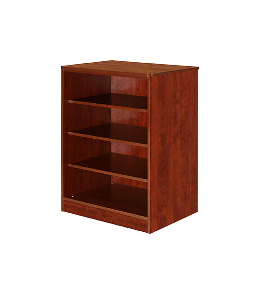Storage cabinet for behavioral health furniture with 3 shelves in Cherry finish, angled view against a plain white background