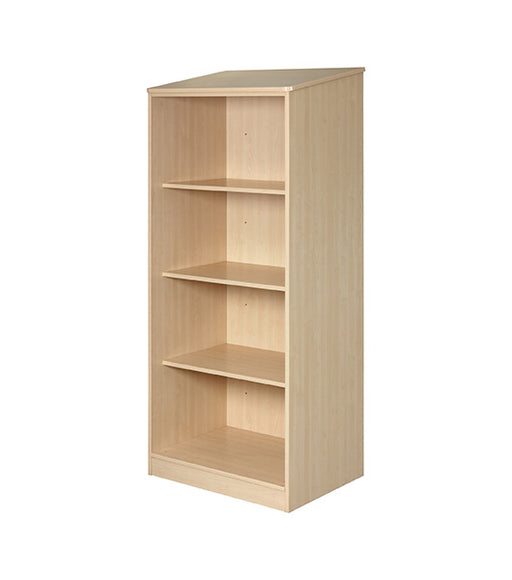 Wardrobe for behavioral health furniture with 3 shelves in Maple finish, angled view against a plain white background