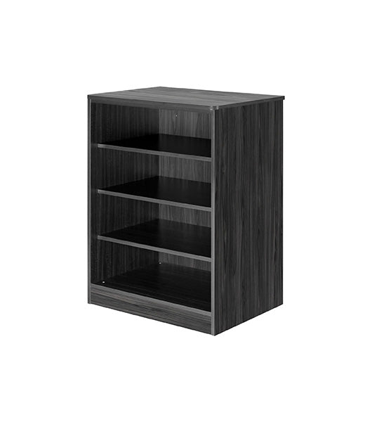 Storage cabinet for behavioral health furniture with 3 shelves in Coastal Grey finish, angled view against a plain white background