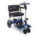 A studio shot of the blue Journey So Lite® power scooter from a front-three-quarter angle. The image showcases the sleek metallic blue finish, the black padded seat with blue trim, and the mesh storage basket located beneath the frame.