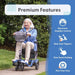 A senior woman is riding comfortably on blue Journey So Lite mobility scooter outdoors with 'Premium Features' badge highlighting Electronic Stability Control, Rear Anti-Tippers, One Touch Folding, and Flat-Free Tires.