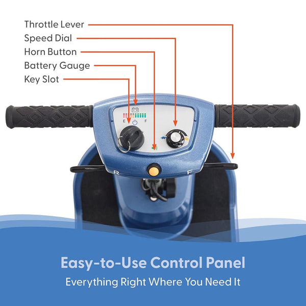 A close-up view of the scooter’s blue tiller head and control panel. Labeled features include the key slot, battery gauge, horn button, speed dial, and throttle levers for easy operation.