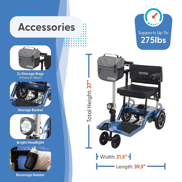 An infographic of the blue Journey So Lite® scooter highlighting its specifications: 37" total height, 21.5" width, and 39.5" length. Small inset photos show accessories like front and rear storage bags, an under-seat basket, a bright headlight, and a beverage holster. A badge indicates it supports up to 275 lbs.