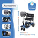 An infographic of the blue Journey So Lite® scooter highlighting its specifications: 37" total height, 21.5" width, and 39.5" length. Small inset photos show accessories like front and rear storage bags, an under-seat basket, a bright headlight, and a beverage holster. A badge indicates it supports up to 275 lbs.