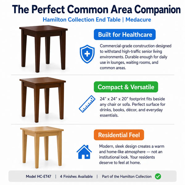 An infographic for the Hamilton Collection End Table by Medacure, showing three wood-finish table options (brown, reddish-brown, and light natural wood) with descriptive text blocks highlighting features like 'Built for Healthcare', 'Compact & Versatile', and 'Residential Feel'.