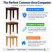 An infographic for the Hamilton Collection End Table by Medacure, showing three wood-finish table options (brown, reddish-brown, and light natural wood) with descriptive text blocks highlighting features like 'Built for Healthcare', 'Compact & Versatile', and 'Residential Feel'.