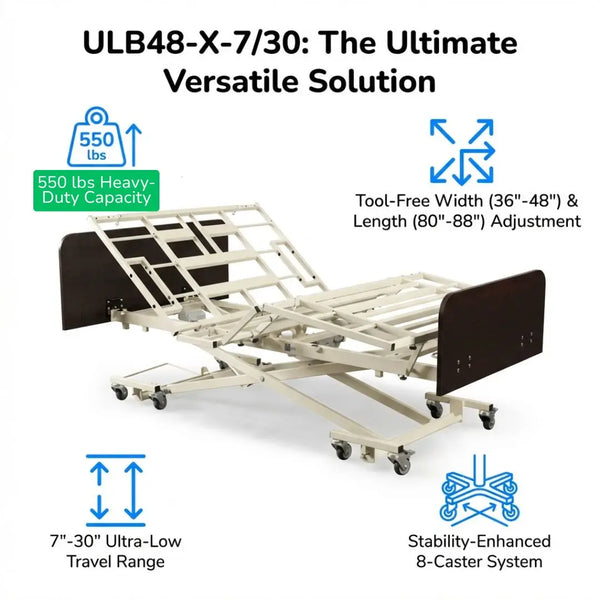 Value Bariatric Bed for Long Term Care and Home Care - ULB48-X-7/30 with a 550 lbs heavy-duty capacity, tool-free width and length adjustment, and ultra-low travel range of 7”-30”. Features stability-enhanced 8-caster system.